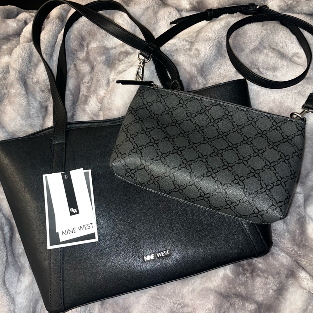 Nine West Black Tote and Patterned Crossbody Set
